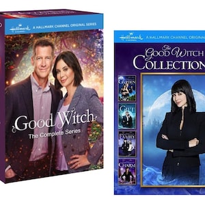 May include: Two DVD sets of the Hallmark Channel original series "Good Witch". The first set is a 16-disc DVD set of the complete series, featuring a photo of the main actors on the cover. The second set is a collection of four movies, featuring a photo of the main actress in a black outfit on the cover.