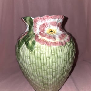 Vintage San Marco Nove Italy Floral Vase Pink Flowers Green Basket Weave Majolica Pottery
