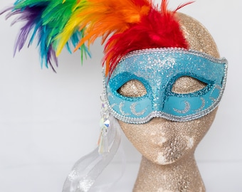 Rainbow Feather Masquerade Mask – Blue Glitter Mardi Gras Costume