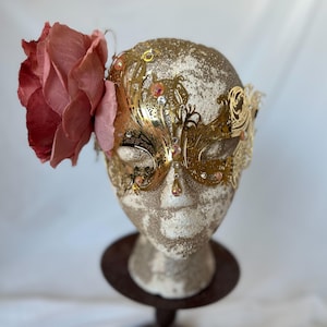 Gold Masquerade Mask with Pink Rose & Crystals – Elegant Venetian Mask for Masquerade Ball, Wedding, Festival, or Cosplay