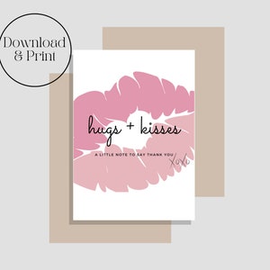 Umarmungen und Küsse Danke Grußkarte, Lippen, Freund, Beziehung, Schatz, XOXO, Herz, Sofort Download, Herunterladen und Drucken