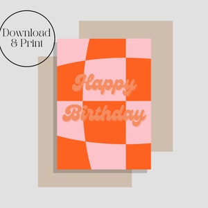 Carte de voeux joyeux anniversaire, téléchargement immédiat, téléchargement et impression, à carreaux, Y2K, années 2000, groovy, rose et orange, carte pliante