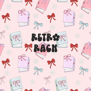 May include: A repeating pattern of books, bows, and flowers on a light pink background. The books are in pastel colors, with bows tied on them. The text "RETRO RACH" is in a retro font.
