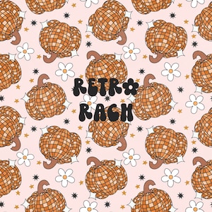 May include: A seamless pattern featuring disco ball pumpkins with a retro vibe. The background is a light pink with white flowers, gold stars, and black stars. The text "Retro Rag" is featured in the center of the pattern.