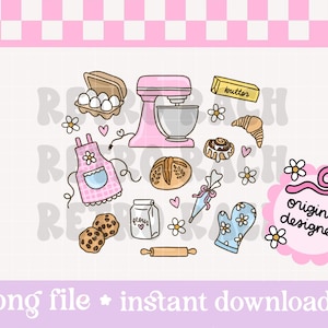 May include: A digital illustration featuring baking-themed elements. Includes a pink stand mixer, apron, oven mitt, eggs, butter, bread, cookies, and a rolling pin. The words "original designer" are in a pink circle.