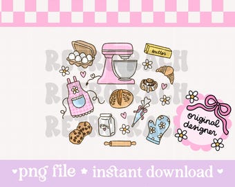May include: A digital illustration featuring baking-themed elements. Includes a pink stand mixer, apron, oven mitt, eggs, butter, bread, cookies, and a rolling pin. The words "original designer" are in a pink circle.