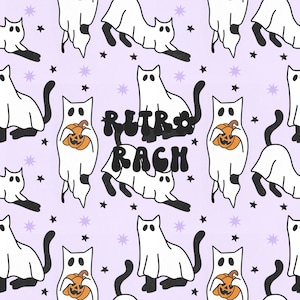 May include: A repeating pattern of white ghosts and black cats on a light purple background. The ghosts are holding pumpkins and the cats are wearing ghost costumes. The text "Retro Rag" is in the center of the pattern.
