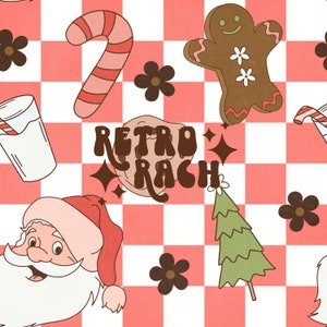 Pode incluir: Um fundo xadrez vermelho e branco com uma variedade de ilustrações com tema natalino, incluindo um homem de gengibre, um bastão de caramelo, um Papai Noel, uma árvore de Natal e um biscoito. O texto "Retro Rach" está escrito em letras marrons no fundo.