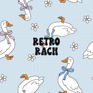 May include: A seamless pattern featuring white geese with blue and pink ribbons on a light blue background with white daisies. The text "Retro Rach" is in the center of the pattern.