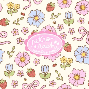 Könnte beinhalten: Ein nahtloses Muster mit einem sich wiederholenden Design aus Blumen, Erdbeeren, Schleifen und Blättern in Pastellfarben. Das Design enthält den Text "retro rach seamless pattern" in einem rosa Oval. Der Hintergrund ist cremefarben.