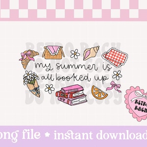 Peut inclure: Une illustration rose et blanche avec le texte "my summer is all booked up". L'illustration comprend un panier de pique-nique, une pile de livres, un citron, une coquille, un bouquet de fleurs, un croissant et un cœur avec le texte "retro ragh".