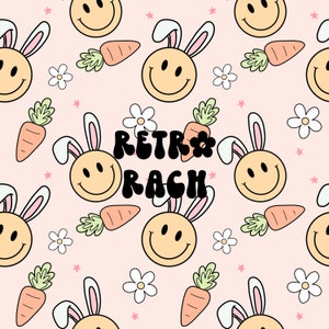May include: A pink background with a repeating pattern of yellow smiley faces with bunny ears, green carrots, white flowers, and pink stars. The text "RETRO RACH" is in the center of the image.
