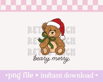 May include: An illustration of a brown teddy bear wearing a red Santa hat and a green bow. The words "beary merry" are written below the bear. The background features a pink and white checkered pattern.