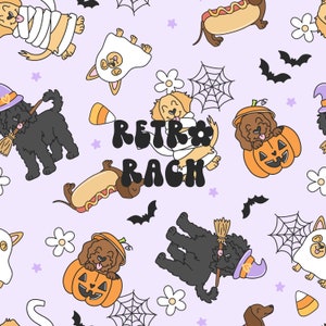 May include: A repeating pattern on a light purple background features cartoon dogs dressed in Halloween costumes. The dogs are in costumes such as mummies, ghosts, and witches. The text "Retro Rach" is in the center of the image.