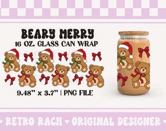 Christmas Bears Cup Wrap file - 16 OZ. Libbey Glass Can design for sublimation - retro and trendy original art