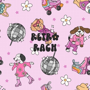 Könnte beinhalten: Ein nahtloses Muster in Rosa und Weiß mit Cartoon-Hunden, die Retro-Kleidung, Rollschuhe, Discokugeln und Blumen tragen. Der Text "RETR*RACH" befindet sich in der Mitte des Musters.