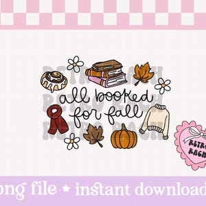 Könnte beinhalten: Digitales Grafikdesign mit dem Text "all booked for fall", umgeben von herbstlichen Illustrationen wie Büchern, einem Kürbis, einem Schal und einem Pullover. Ein rosa herzförmiges Grafikdesign mit dem Text "Retro Rag" ist ebenfalls enthalten.