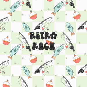 May include: A seamless pattern featuring a retro fishing theme. The pattern includes a fishing rod, a fish, a bobber, and the text "Retro Racin'" on a green and white checkered background.