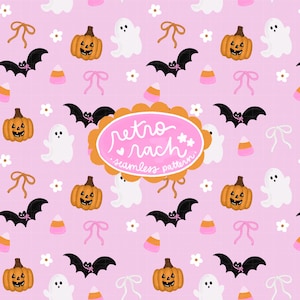 May include: A seamless pattern featuring Halloween-themed illustrations. The design includes orange jack-o'-lanterns, white ghosts, black bats, pink bows, candy corn, and white flowers on a light pink background. The text "retro rach seamless pattern" is in the center.