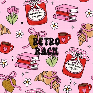 May include: A pink patterned design featuring books, jam jars, croissants, coffee cups, flowers, and hearts. The jam jars have the text "books are my jam". The words "RETRO RACH" are in the center of the image.