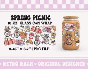 Spring Picnic Cup Wrap file - 16 OZ. Libbey Glass Can design for sublimation - retro and trendy original art