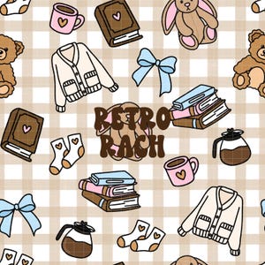 May include: A repeating pattern featuring books, teddy bears, coffee pots, mugs, socks, bows, and a cardigan. The text "RETRO RACH" is in the centre. The background is a light brown plaid. The design has a cosy, retro feel.