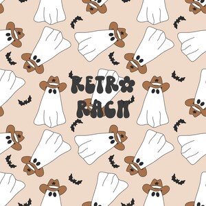 May include: A seamless pattern featuring white ghosts wearing brown cowboy hats on a light brown background. The text "Retro Rag" is in the center of the pattern in black.