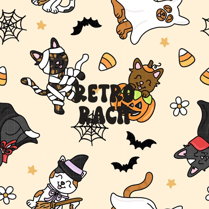 Spooky Cats Seamless Pattern - Retro Fall & Halloween Fabric Design for ...