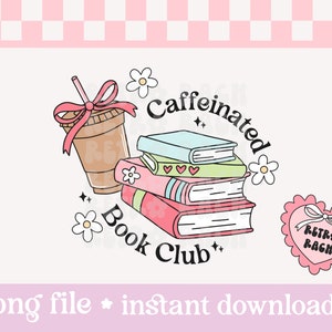 Club de lectura con cafeína PNG - diseño de sublimación de libros y café helado retro - moderno