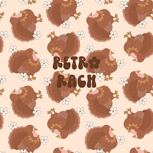 May include: A seamless pattern featuring brown turkeys with white flowers on a light peach background. The text "Retro Rag" is written in brown letters with a flower in the "O".