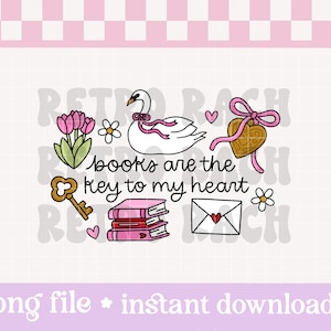 Può includere: Illustrazione digitale con sfondo a scacchi rosa chiaro e bianco. L'immagine presenta un cigno, libri, una chiave, un biscotto a forma di cuore, fiori e una busta con un cuore. Il testo recita "books are the key to my heart."