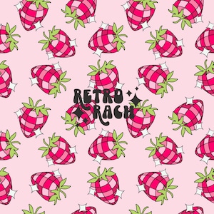 Pode incluir: Um padrão de morango xadrez rosa e branco com estrelas brancas e o texto "Retro Rach" em preto. O fundo é rosa.