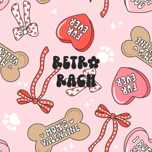 May include: A pink background with a repeating pattern of dog-themed Valentine's Day graphics. The graphics include hearts, bones, bows, and text that says "Fur Ever", "Mom's Valentine", and "I Rue 4 U".