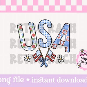 May include: A patriotic graphic with the word "USA" in red, white, and blue patterns. The "U" is decorated with red and blue flowers, the "S" has a blue gingham pattern, and the "A" has a red, white, and blue patchwork design. Two American flags and floral accents complete the design.