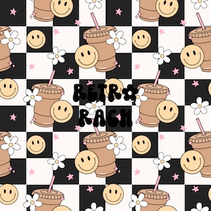 Iced coffee checker seamless repeating pattern - retro floral fabric design for sublimation
