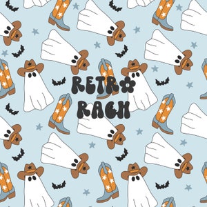 May include: A seamless pattern featuring a retro-style ghost wearing a cowboy hat, boots, and stars on a light blue background. The text "Retro*Rache" is also included in the pattern.