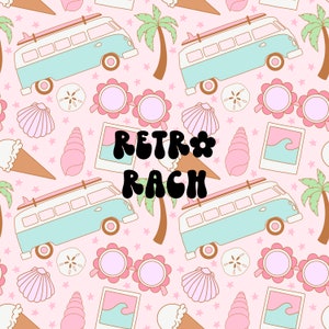May include: A seamless pattern featuring a retro beach theme with pastel colors. The pattern includes a blue and white van with a surfboard on top, palm trees, sunglasses, seashells, ice cream cones, and sand dollars. The text "Retro Rach" is featured in the center of the pattern.