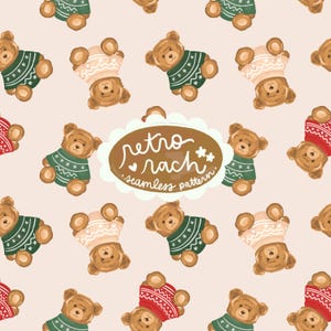 May include: A repeating pattern of brown teddy bears wearing green, red, and beige sweaters and hats. The bears are arranged on a light pink background. The text "retro rach seamless pattern" is in the center.