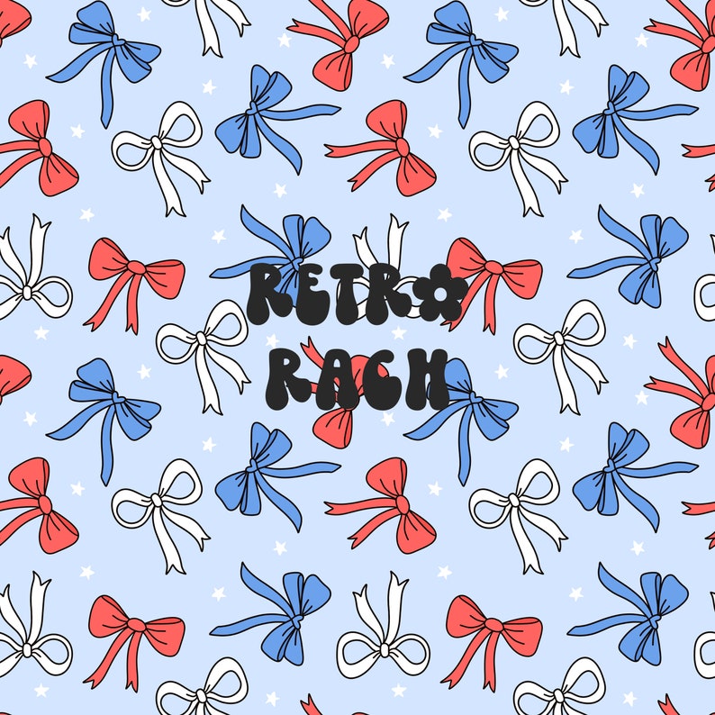 May include: A seamless pattern featuring red, white and blue bows on a light blue background with white stars. The text "Retro Rag" is in the centre of the pattern in black.