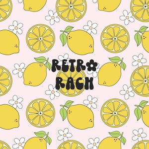 May include: A seamless pattern featuring lemons, lemon slices, and white flowers on a pink background. The text "Retro Rach" is written in black block letters.