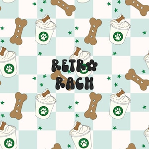 May include: A seamless pattern featuring a light blue and white checkered background with a repeated design of brown bone-shaped objects and white cups with brown lids and a paw print design. The text "Retro Rach" is written in black letters in a retro font style.