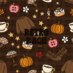 May include: A dark brown plaid fabric pattern featuring illustrations of brown cable knit sweaters, orange pumpkins, red gingham apple buttons, cinnamon rolls, coffee cups, mushrooms, lamps, leaves, and stars with the text RETRO RACH.