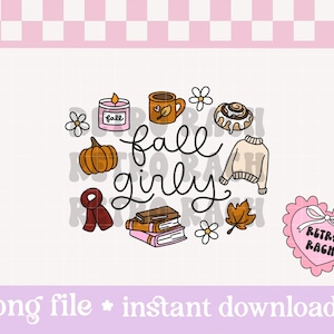 May include: A digital illustration with a fall theme. It features a pumpkin, candle, mug, sweater, cinnamon roll, scarf, books, and a leaf. The words "fall girly" are in the center, with a pink heart-shaped logo that says "Retro Ragh".