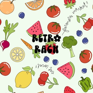 May include: A light green pattern featuring various fruits and vegetables, including tomatoes, watermelon, strawberries, and blueberries. The words "Retro Rach", "farmers market!!", and "eat local!!" are also included in the design.