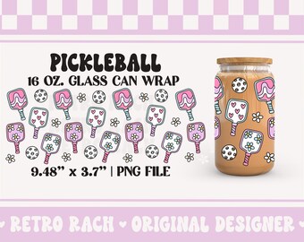 Pickleball Cup Wrap - retro 16 OZ Glass Can Wrap - coquette sublimation design