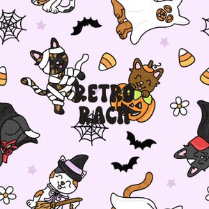 Spooky Cats Seamless Pattern - retro fall & halloween fabric design for sublimation - cottagecore