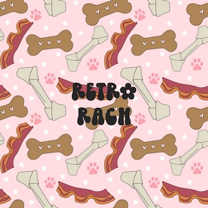 May include: A pink background with a repeating pattern of dog bones, bacon strips, paw prints, and stars. The dog bones are brown with heart details. The bacon is red and brown. The text "RETRO RACH" is in black.