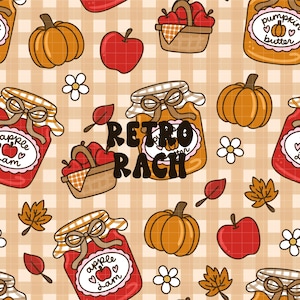 Puede incluir: Un patrón repetitivo sobre un fondo de cuadros vichy color canela claro con calabazas naranjas, manzanas rojas, cestas de manzanas y frascos etiquetados como mermelada de manzana o mantequilla de calabaza. El texto RETRO RACH aparece en negro.