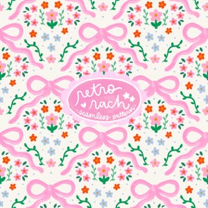 以下が含まれることがあります： 白い背景に、ピンクのリボン、赤、ピンク、青の花、緑のツルが描かれたシームレスパターン。ピンクの円の中に「retro nach seamless pattern」というテキストがあります。