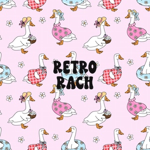 Könnte beinhalten: Ein nahtloses Muster in Rosa und Weiß mit Cartoon-Gänsen, die verschiedene Sommeroutfits tragen. Die Gänse tragen Hüte, Sonnenbrillen und halten Kokosnüsse. Der Text "Retro Rach" befindet sich in der Mitte des Musters.